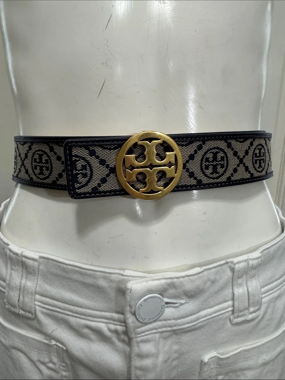 Tory Burch Black and Beige Logo Web Belt with Gold Medallion Buckle Size Small